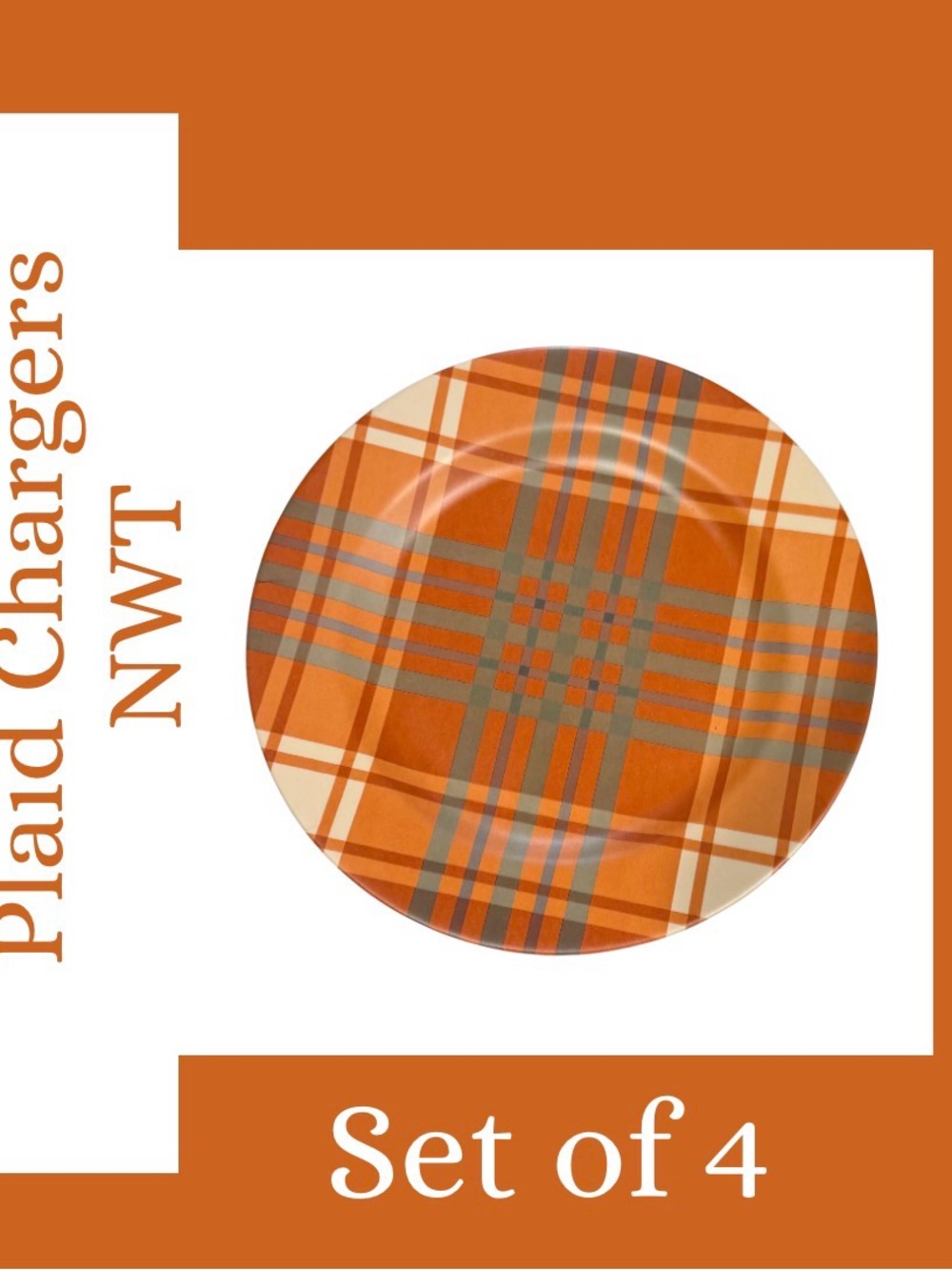 NWT Set of 4 Ragon House Fall Orange Plaid Melamine Charger Plates 12"